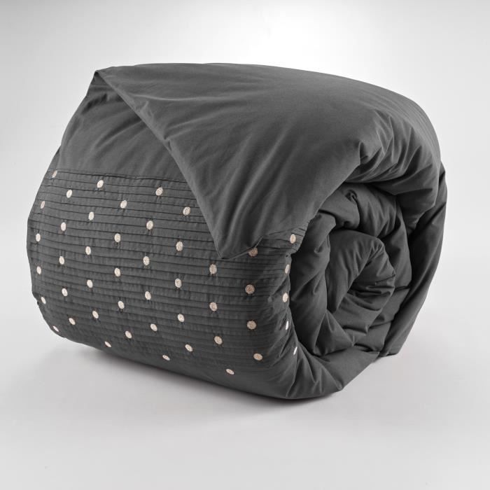 Housse De Couette - Agathe - Poivre Anthracite - 200x200cm - Coton - Pois Brodés