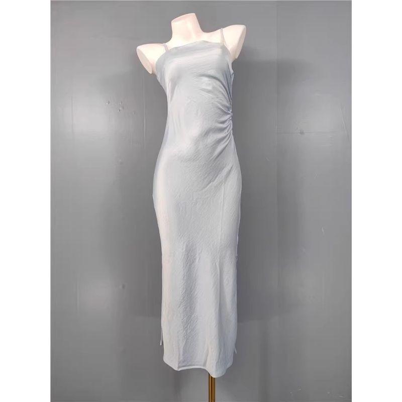 Foreign Trade Order Ho Home Sling Smooth Satin Wrap-around Square Collar Pleat Split Temperament Elegant Summer New Dress