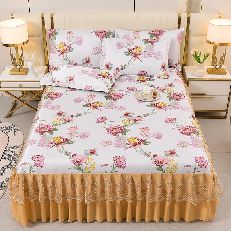 Pink Flowers Lace Bed Skirt Set Summer Ice Silk Smooth Comfortable Bedspread with Pillowcases Luxury Queen King Size Bedding Set