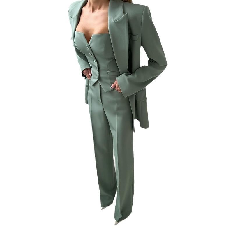 2025 Spring Europe, America, Amazon Cross-border Women's Clothing Commuting Versatile Temperament Skinny Solid Color Suit Three-piece Set