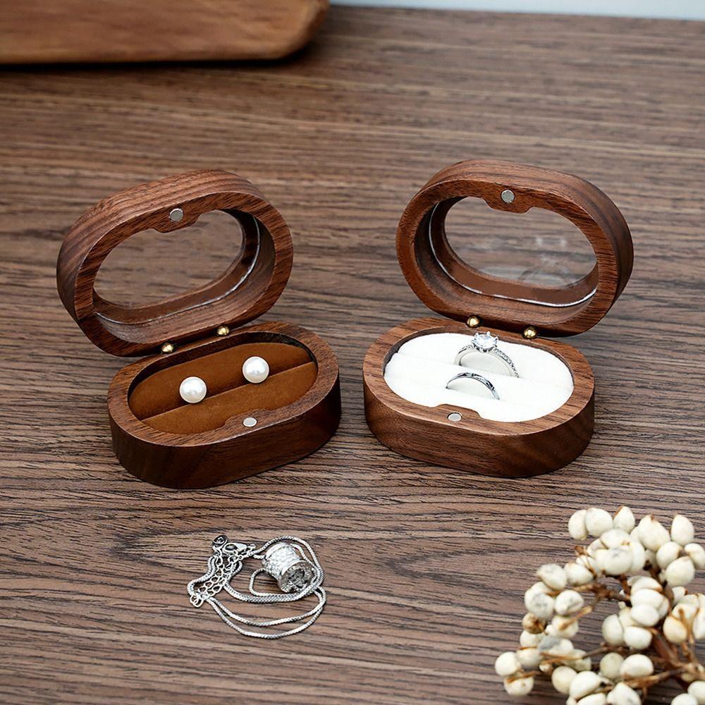 Retro Oval Wooden Jewelry Box Lover Ring Display Box Engagement Wedding Couples Ring Storage Holder Love Gift