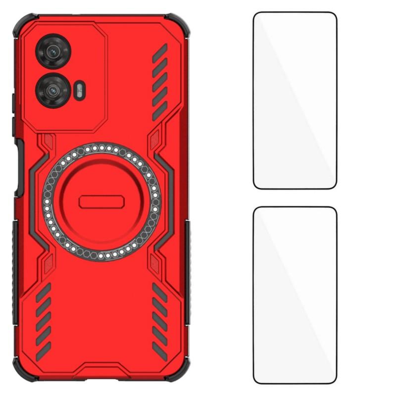 For Motorola Moto G34 5G Magnetic Case WANLONFENG DJ Series PC TPU Phone Cover with 2Pcs Tempered Glass Film