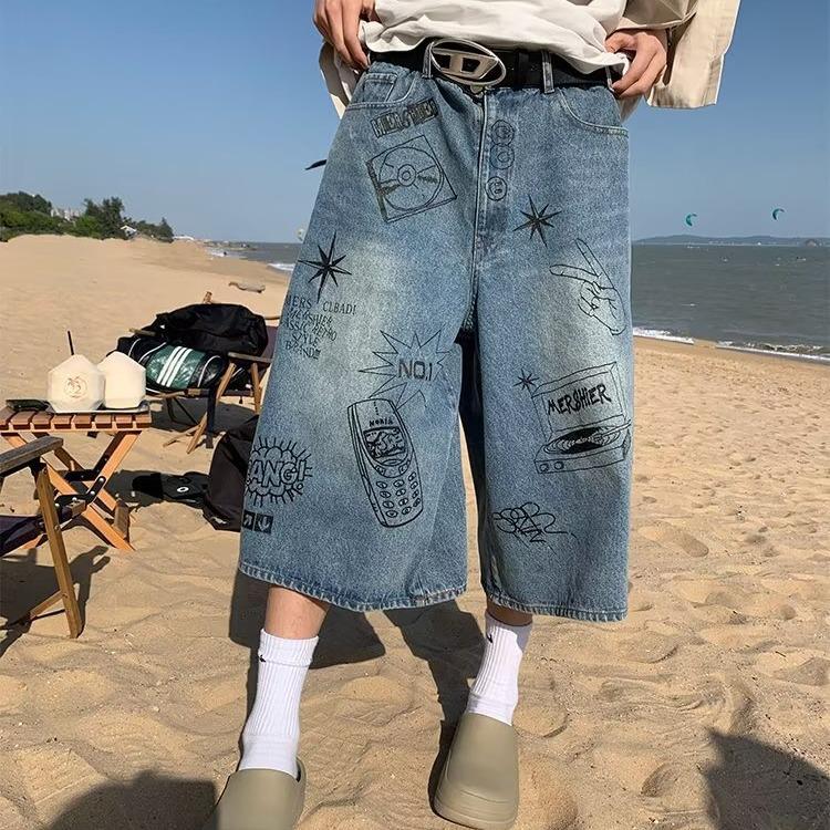Men's Trendy American Retro Graffiti Oversized Seven-Point Jeans - Summer Street Loose Casual Shorts