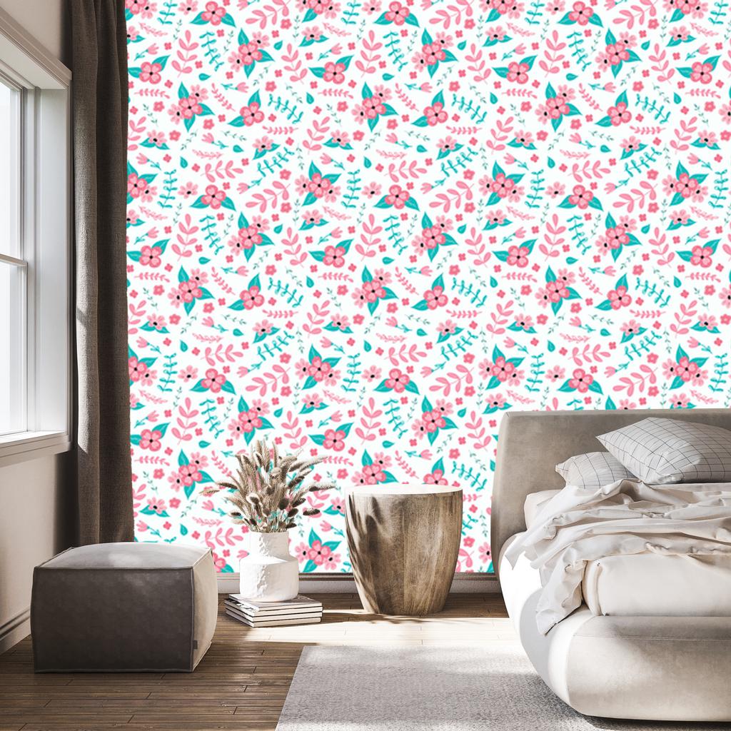 Wallpaper Flowers White, Powder Pink and Celadon for Living Room and Bedroom 50x1000