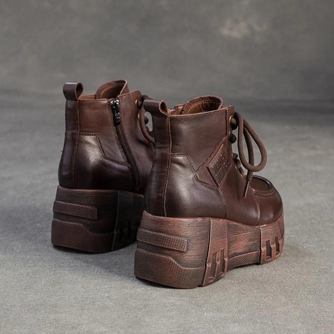 Johnature Retro Thick Sole Wedges Short Boots Genuine Leather Women's Height-increasing Shoes