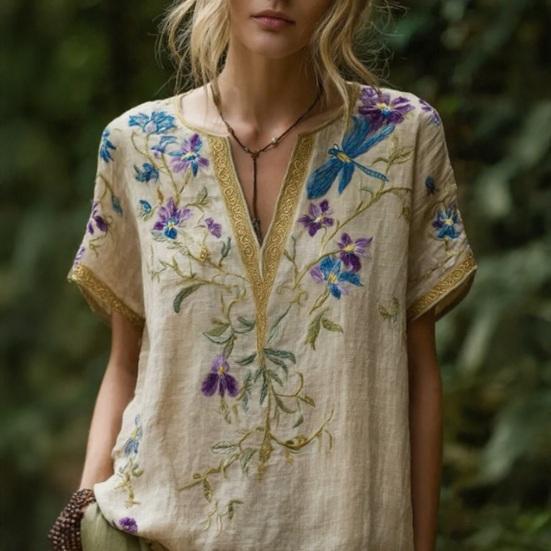 Women Shirt V-Neck Short Sleeve Loose Fit Pullover Tops 3D Printed Pattern Summer Casual Blouse Daily Wear