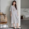 1011 New Nightdress with Chest Pad Women's Summer Pure Cotton Short-sleeved Thin Striped Medium and Long Pajamas Loungewear Skirt