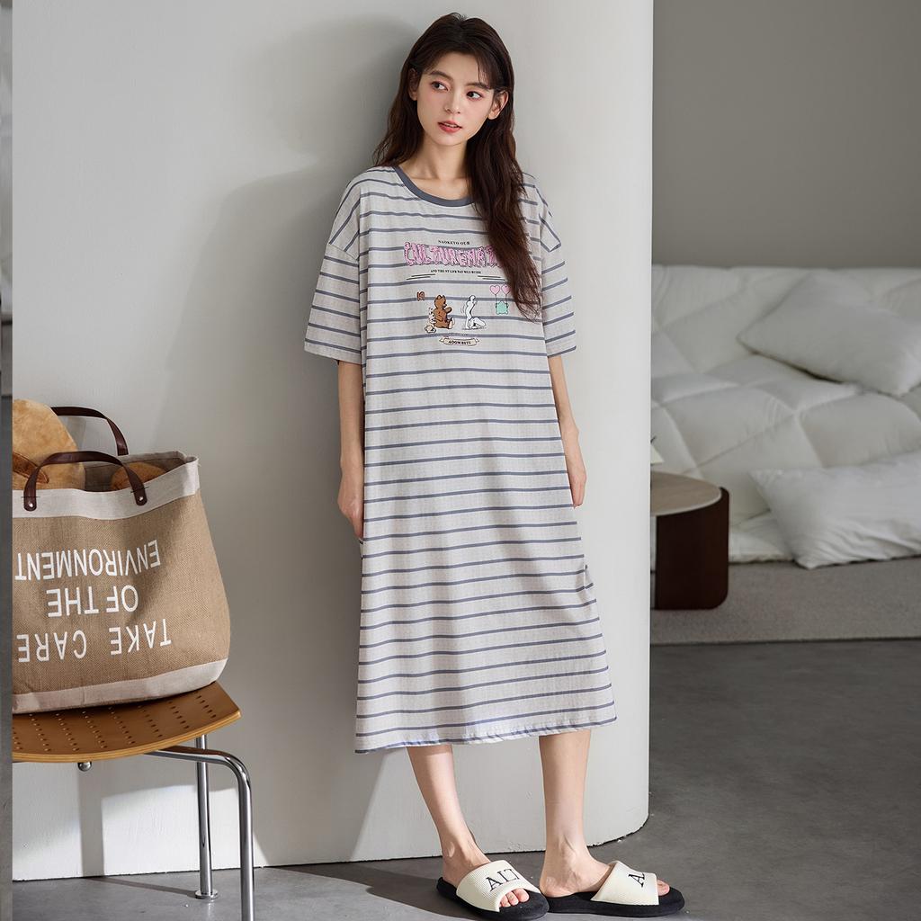 1011 New Nightdress with Chest Pad Women's Summer Pure Cotton Short-sleeved Thin Striped Medium and Long Pajamas Loungewear Skirt