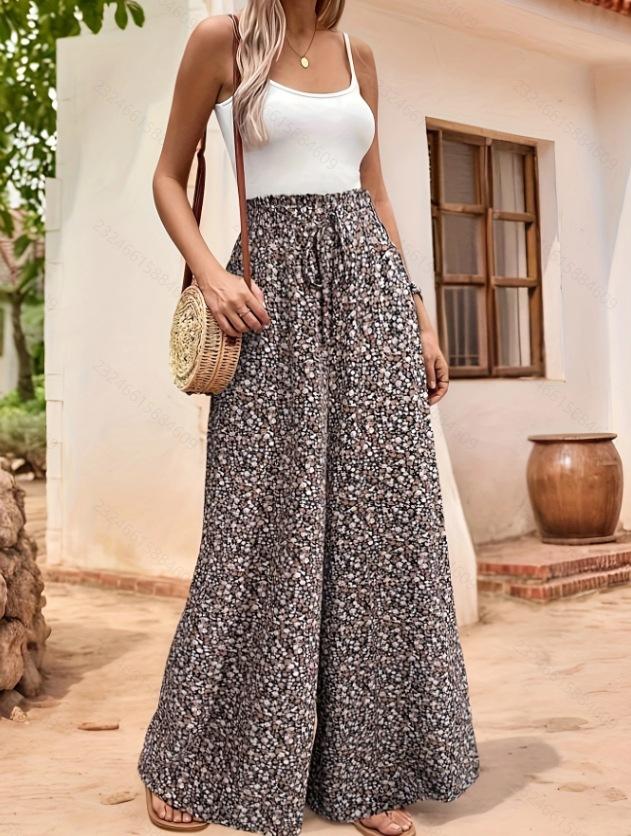 Women S High Waist Wide Leg Pants Floral Print Tie Waist Casual Trousers S
