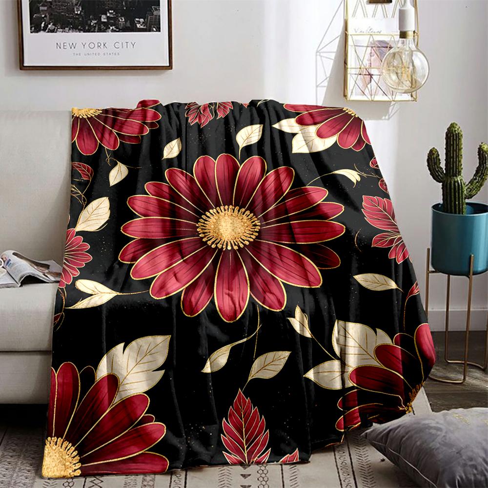Red Floral blanket with Golden Leaves on Black Background Design blanket, suitable for use in the bedroom, living room, on the sofa