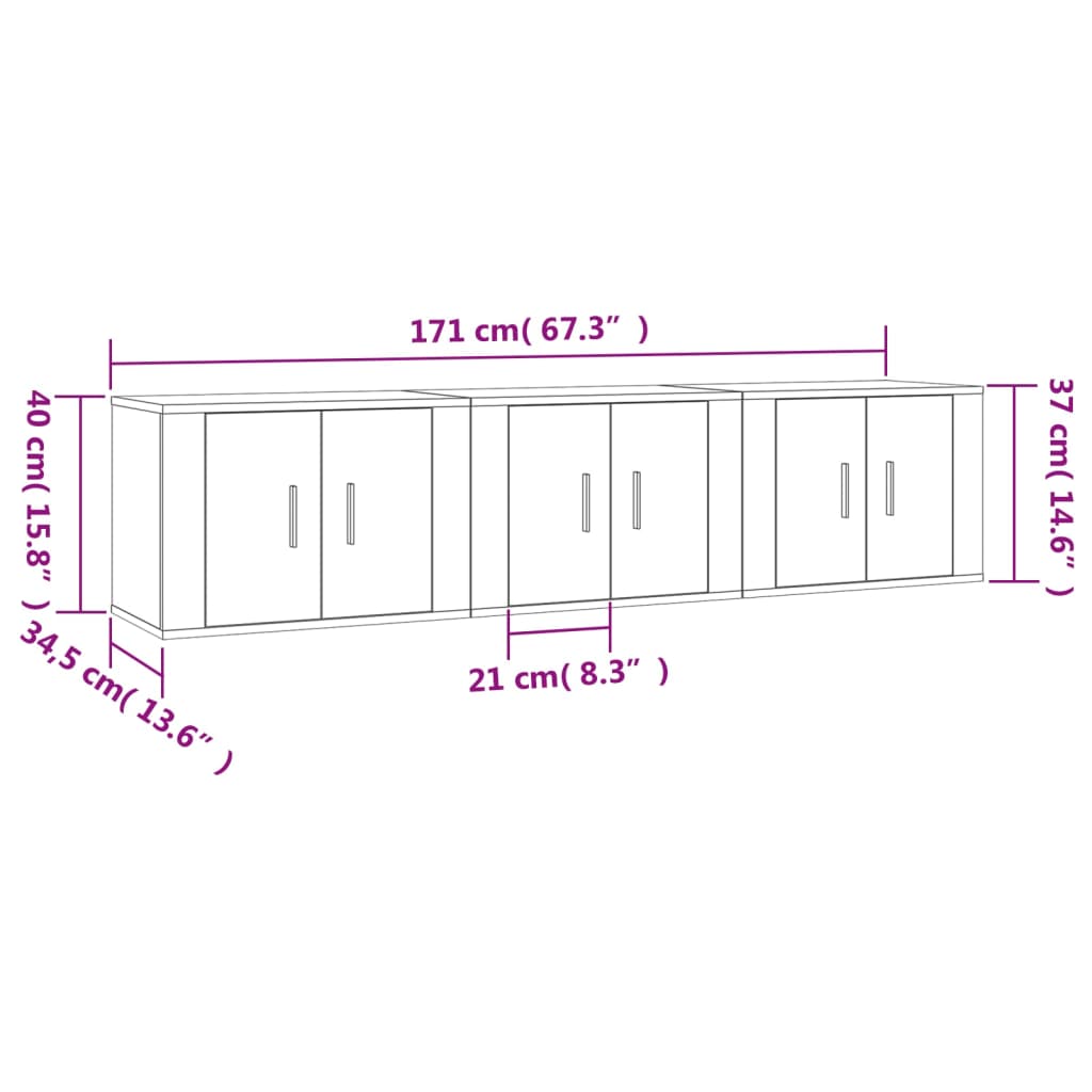 Wall Mounted TV Cabinets Set of 3 Grey Sonoma 57 x 34.5 x 40 cm