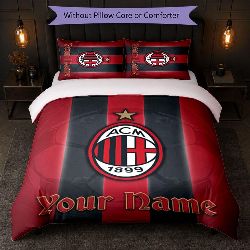 Set Biancheria da Letto Personalizzato AC Milan con Nome Testo 1 Copripiumino+2 Federe Logo Calcio Regalo Personalizzato per Occasioni Speciali Decorazione Camera da Letto