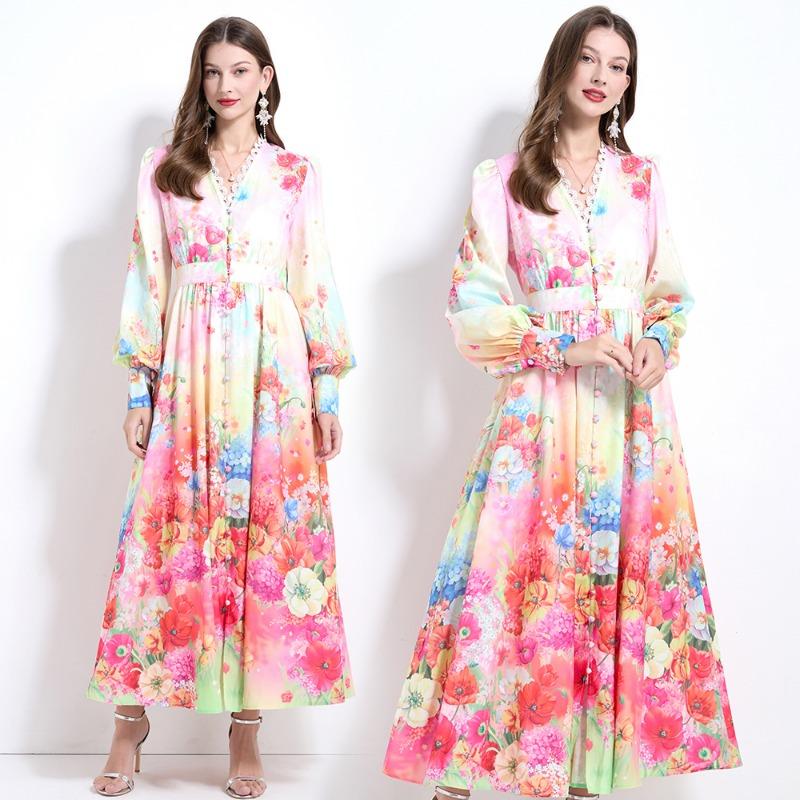 Spring Autumn Women V-neck Single Breasted Print Long Maxi Holiday Beach Dresses