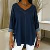 Women's Blue Denim Loose Fit V-Neck Long Sleeve Shirt with Side Slits