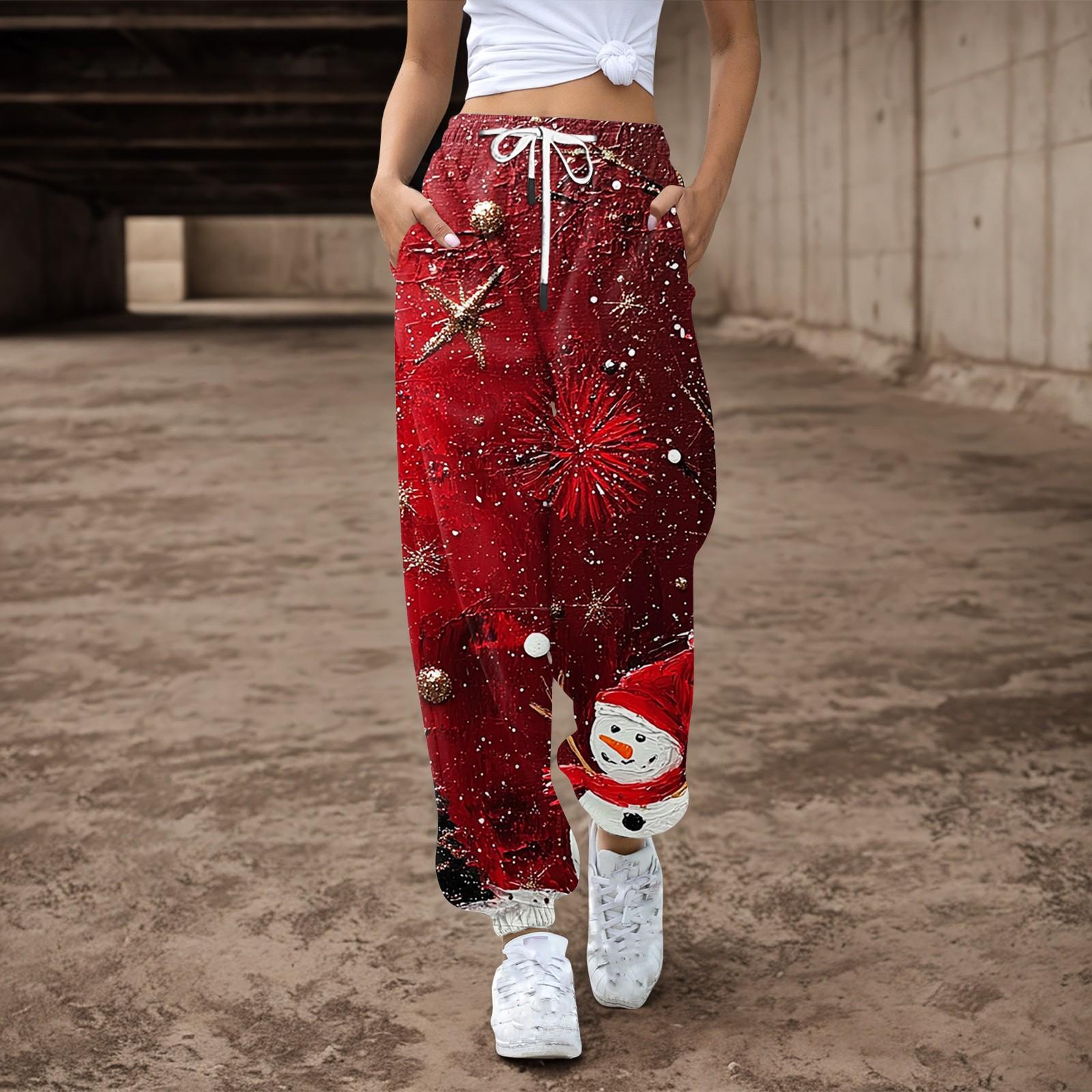 

Женские повседневные брюки с завязками на резинке и рождественским принтом, спортивные штаны L винный