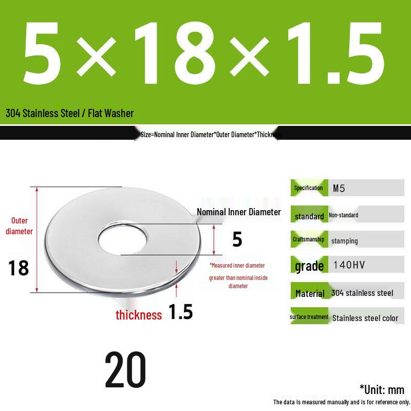 304 Stainless Steel Thickened Flat Washer Set, Sizes 2-36