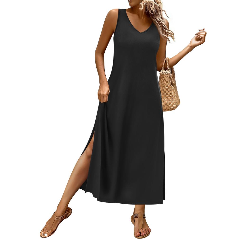 Vestidos de Verano Para Mujer Vestidos Largos Fluidos Línea A Sin Mangas Vestidos de Sol Con Bolsillos