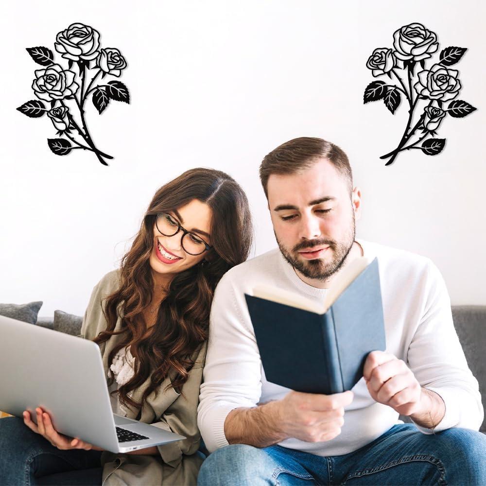 SITAKEGS 2pcs Metal Rose Wall Decor 11.8x9.4in Black Flower Sculpture Floral Art Hanging Ornament for Living Room Bathroom Bedroom Kitchen Garden