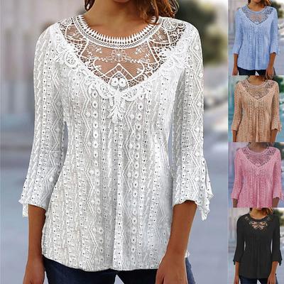 Summer New Comfortable Casual Hollow Mesh Lace Patchwork  Sleeve Top