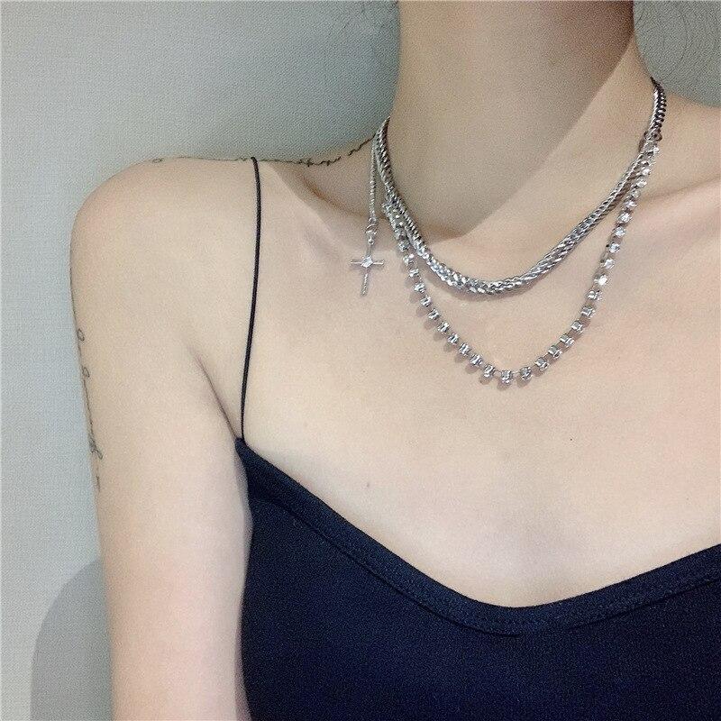 Fashion Cross Double Layers Rhinestone Chain Necklace For Women  New Jewelry