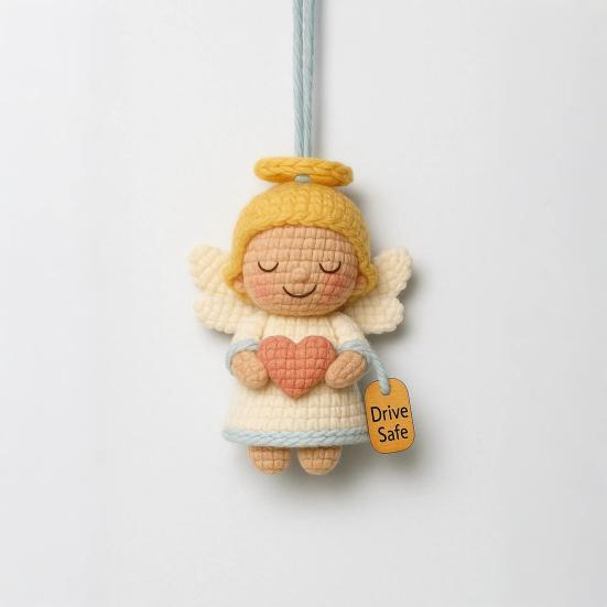 Crochet Angel Car Charm Handmade Knitting Angel Car Rear Mirror Hanging Accessories with Drive Safe Tag New Driver Blessing Present