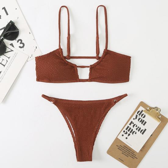 2 Pcs/Set Bikini Set Solid Color High Waist Spaghetti Strap Whorl Women