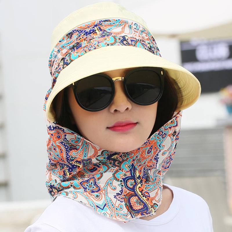 Women Summer Anti-Uv Sun Hat Outdoor Foldable Floral Print Caps Neck Face