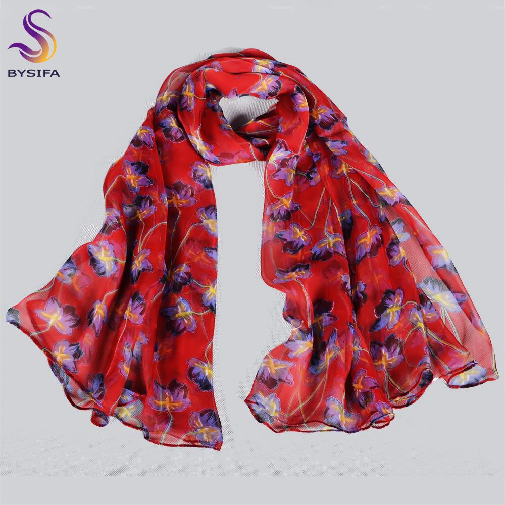 BYSIFA|Spring Pink Red Silk Scarf Shawl Female Elegant Floral Style Long Silk Scarves Foulard Summer New Beach Shawl Scarf Hijab