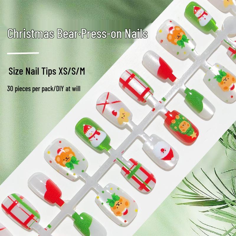 

Festive Christmas Teddy Bear Cat Eye Press-On Nails - Red & Green