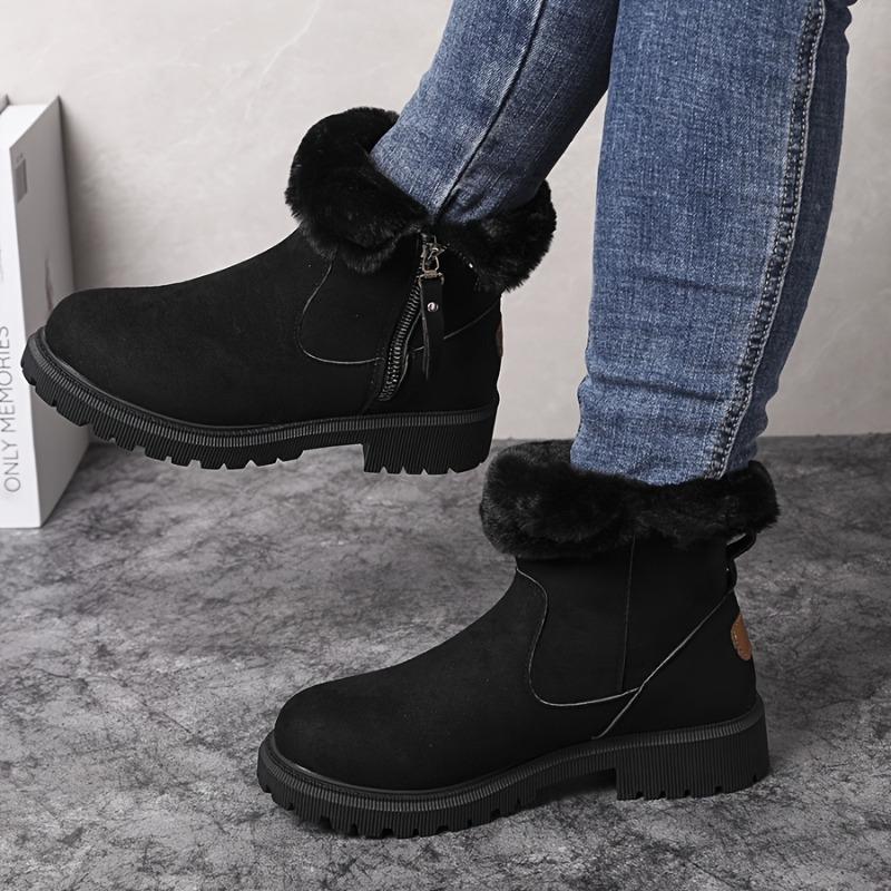 Women's Round-Toe Short Boots Plush Faux Thick Rubber Sole Chunky Heel Zipper Winter Casual Dressy Brown Booties for Jeans