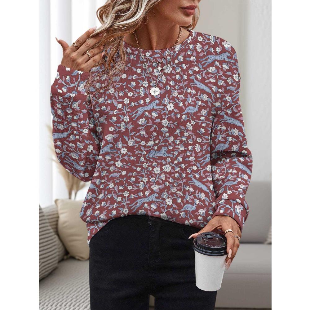 Floral Pattern Women's New Top 3D Printed Round Neck Pullover Casual Loose Sweatshirt