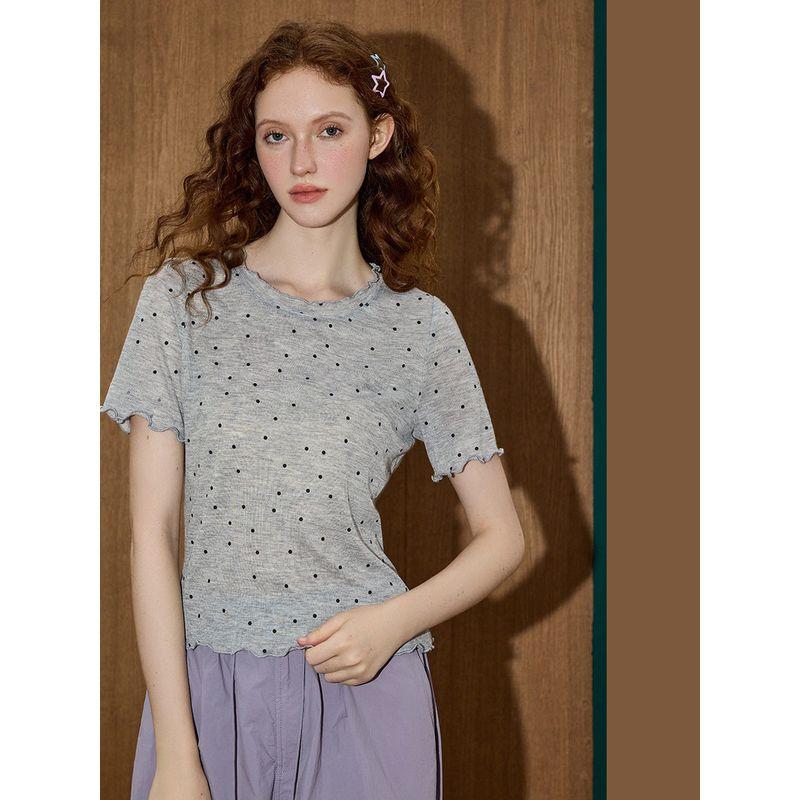 Coolhut Simple Slim-Fit Lightweight Polka Dot Round Neck Short-Sleeve Ruffled Edge New Summer Women's T-Shirt Casual