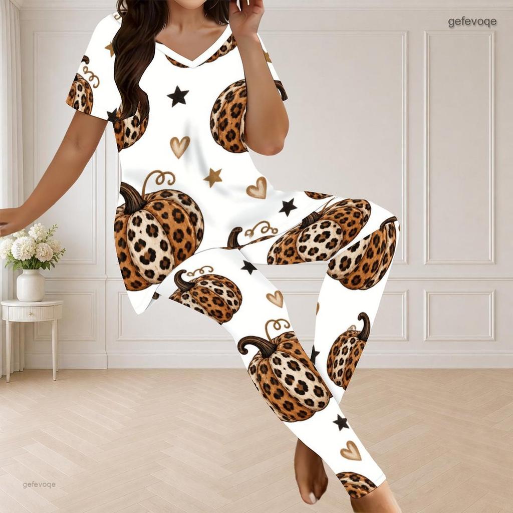 Women Plus Size V Neck Short Sleeve Leopard Christmas Tree Print White Pajama Set