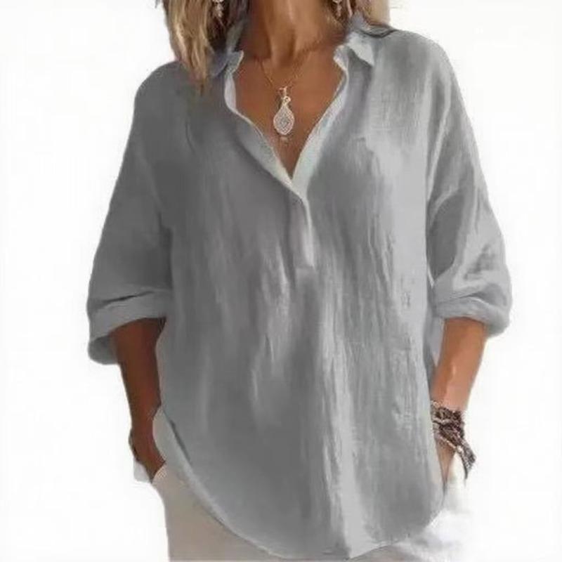 Women's Spring Summer Plus Size Blouse, Solid Color V-Neck Long Sleeve Loose Casual Shirt Top