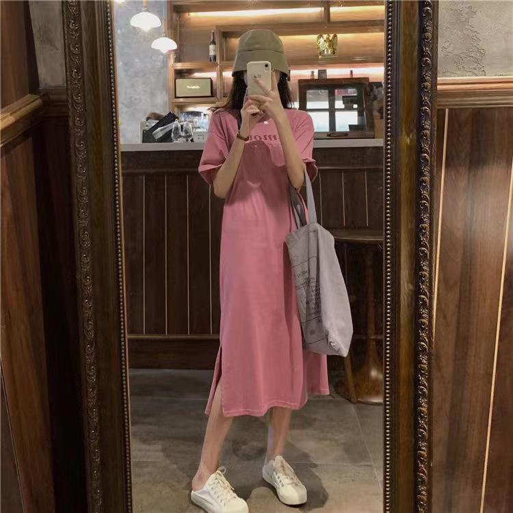Plus Size Korean Summer Over-Knee Dress – Loose Fit, Belly-Covering, Short Sleeve, Long Length T-Shirt Dress for Women