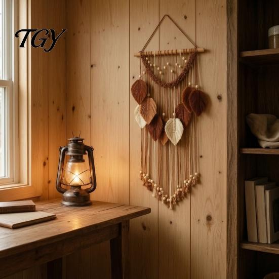 Textured Wall Art for Bedroom Hanging Tapestry, Boho Leaf Decor, Large Tapestry with Wood Beads, Handmade Soft Natural Woven Art, Farmhouse