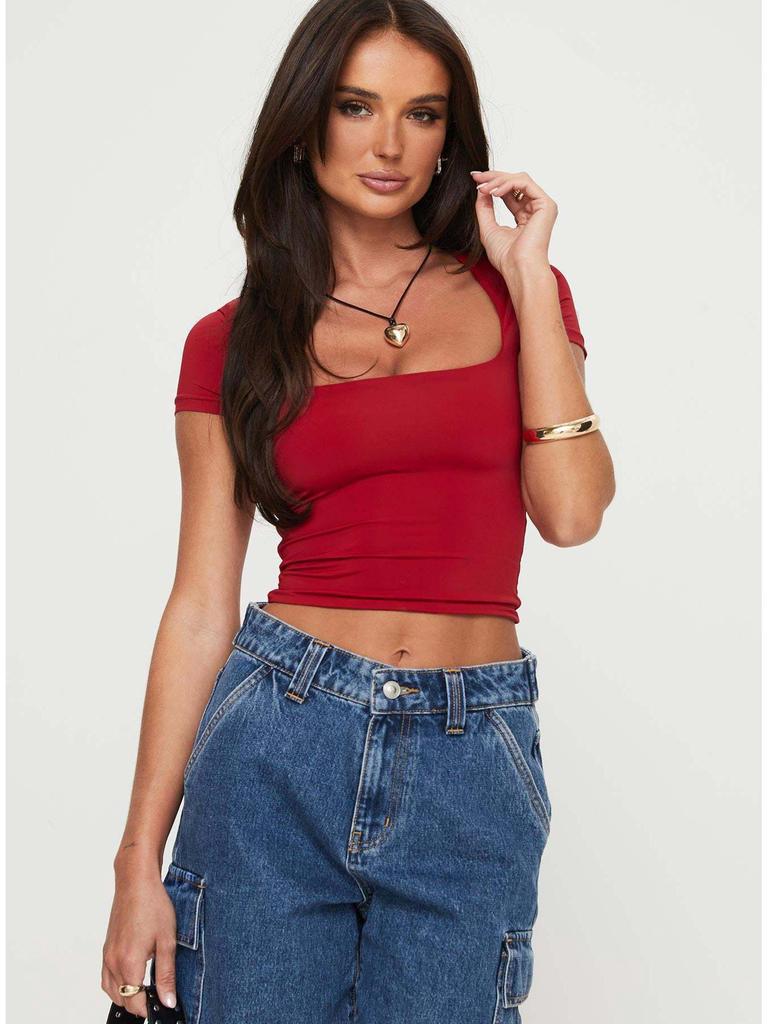 Women's 2024 European & American Slim Fit Solid Color Short Sleeve Square Neck Summer Casual T-shirt