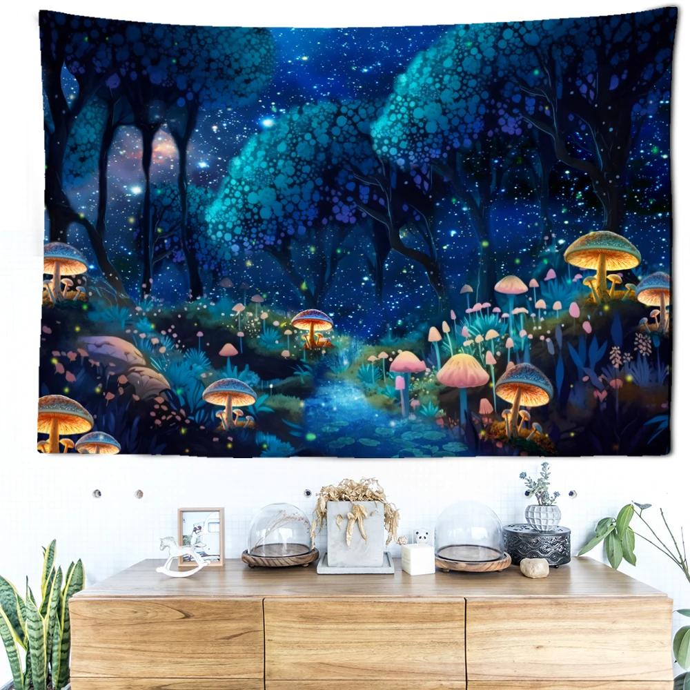Mistig Paddenstoelenbos Wandkleed Muurdecoratie Fantasie Kunst Abstract Mysterieus Boheems Woonkamer Huisdecoratie