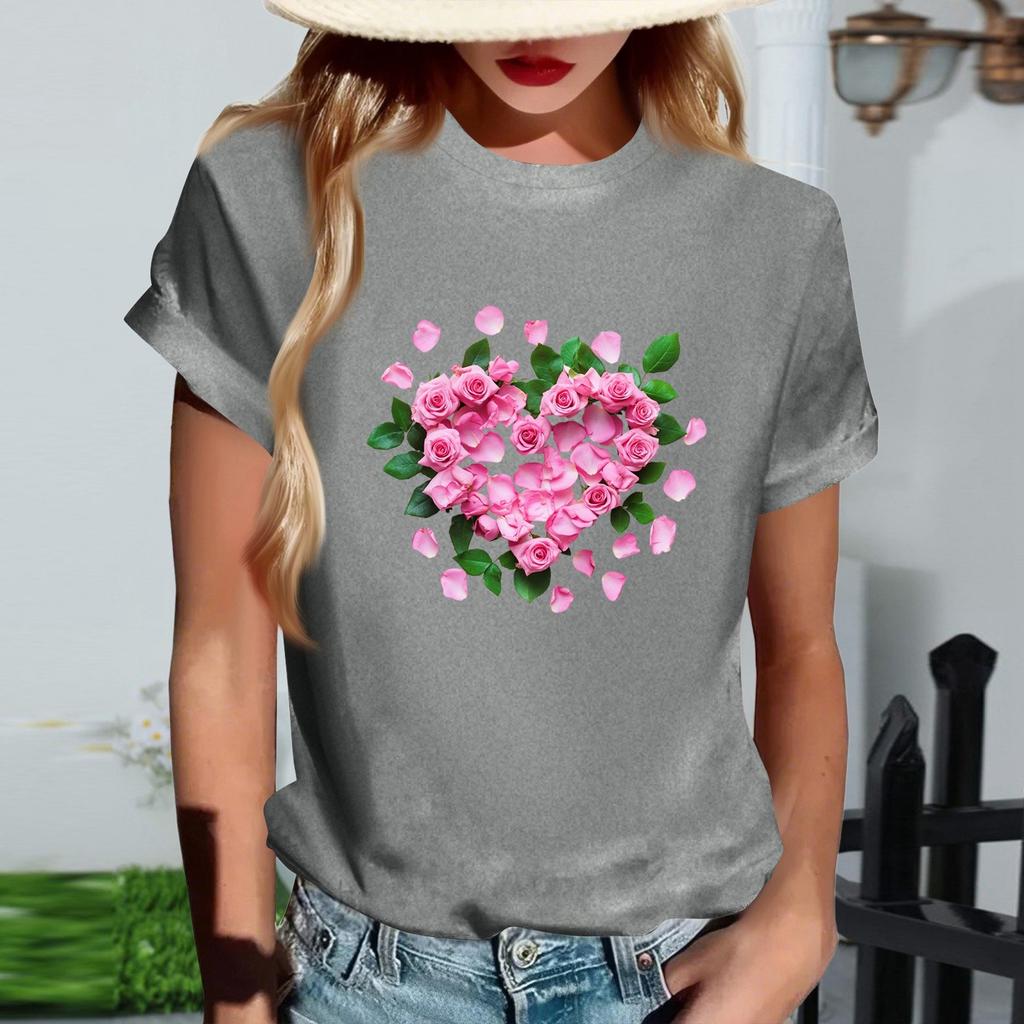 Women's Fashionable Round Neck Casual Retro Print Short Sleeved T-shirt Top