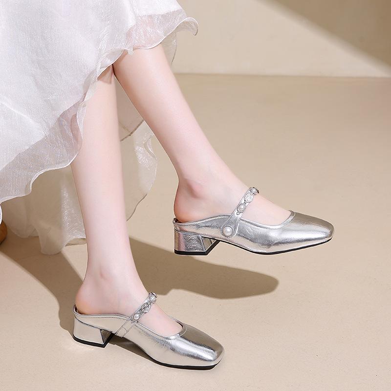 Mary Jane shoes half slippers women's 2025 summer outer wear silver high-end sense one pedal lazy shoes sandals muller shoes