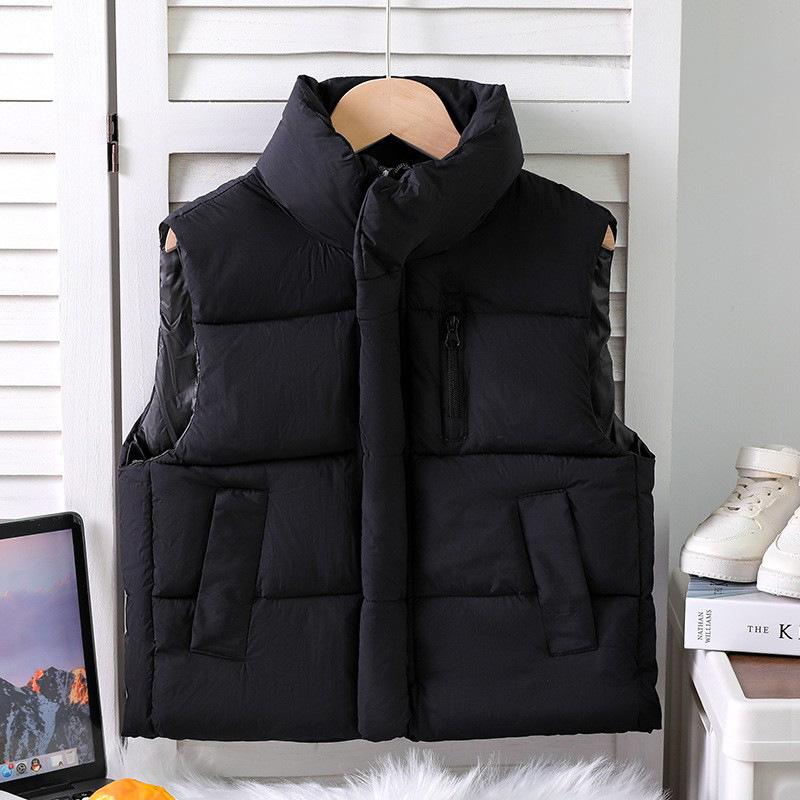 Children's Zippered Down Cotton Stand-up Collar Vests for Autumn and Winter, Solid-colored Vests for Boys and Girls