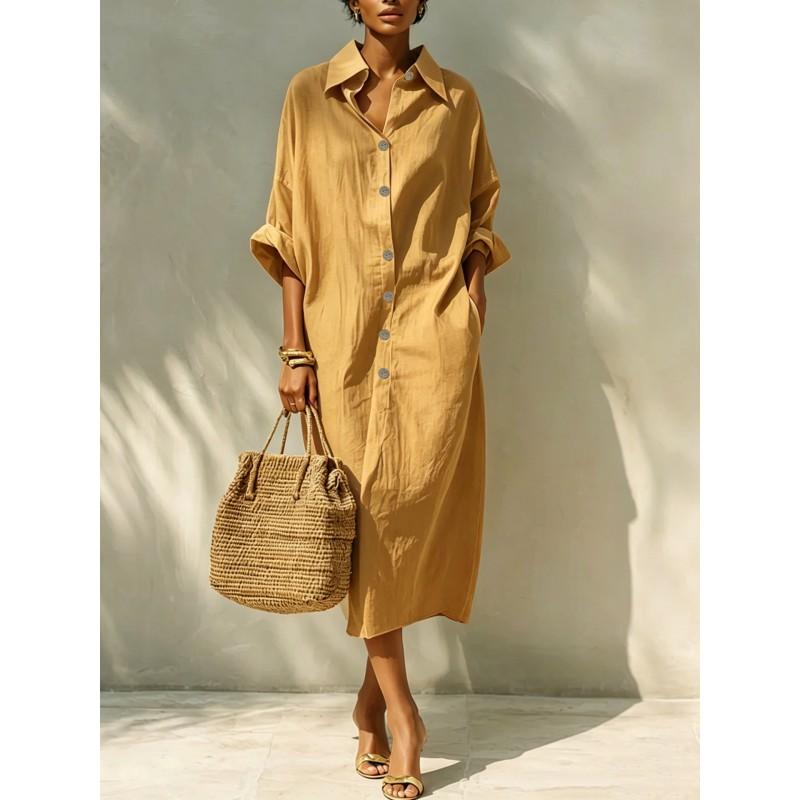 Abito Lungo Camicia Oversize da Donna con Collo a Revers Vestibilità Larga Manica Stile Coreano Casual Maxi