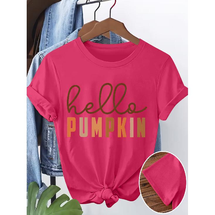 Brown-orange gradient hello PUMPKIN Autumn Vintage Handwritten English Print Short Sleeve T Women's T-shirt Soft and skin-friendly round-neck short