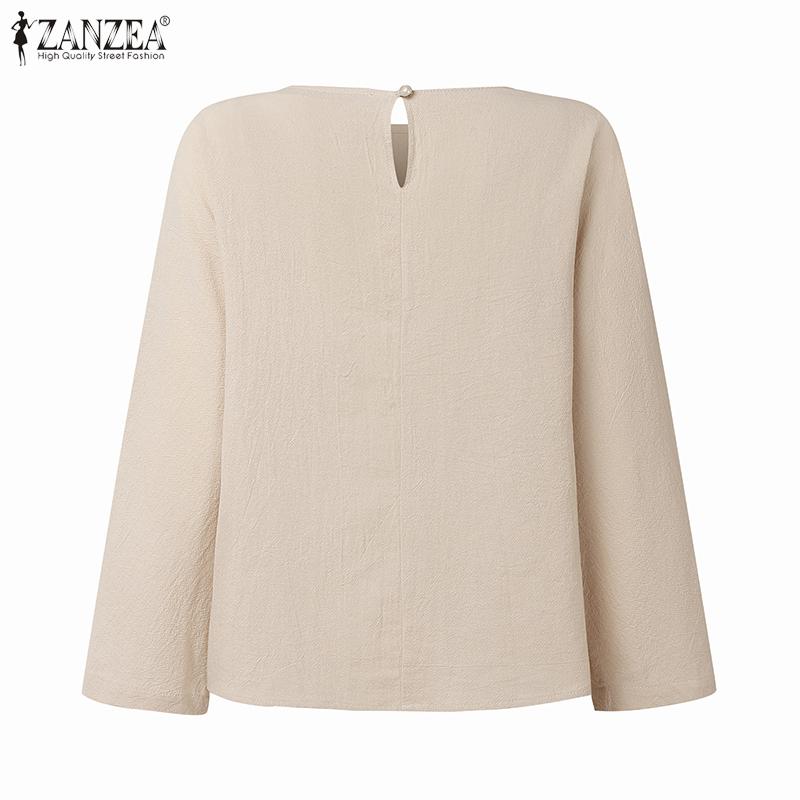 ZANZEA Women Casual Round Neck Solid Color Loose Long Sleeve Blouse