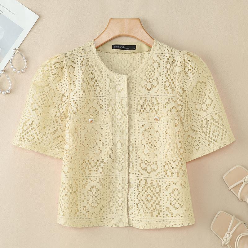 ZANZEA Womens Summer Hollow Out Crochet Short Sleeve Cardigan Blouse