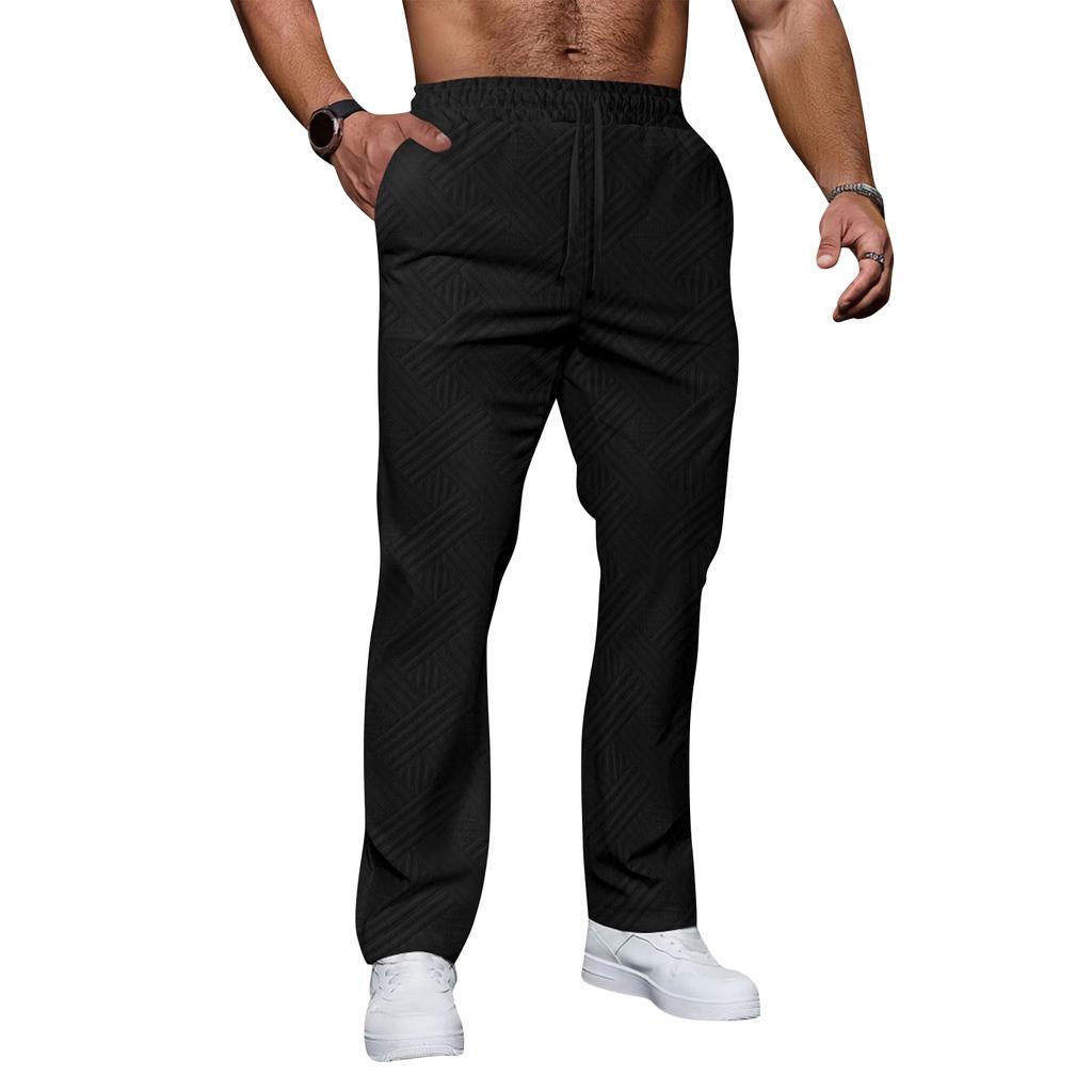 Men's Casual Jacquard Drawstring Loose Fit Solid Color Pocket Sports Pants Comfortable Elastic Waistband Activewear Bottoms
