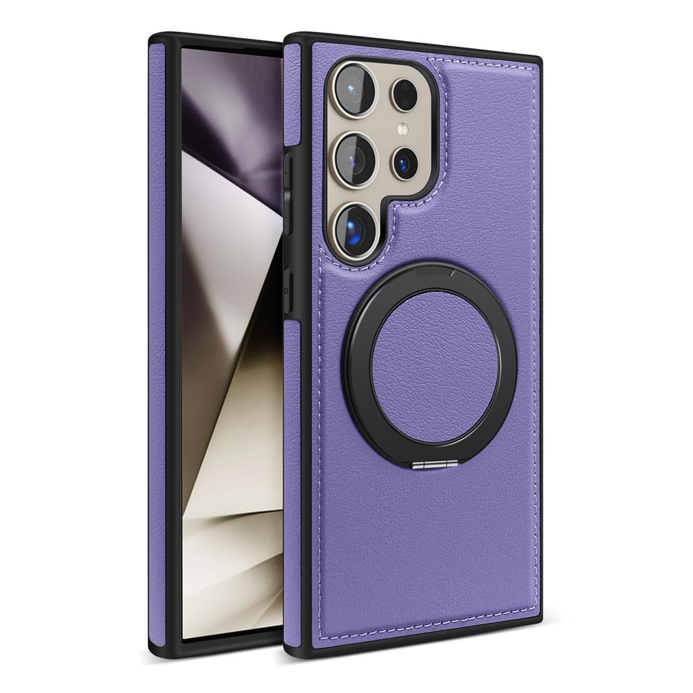 Genuine Leather Phone Case For Magsafe Samsung S24 S25 Ultra S23 S22 Ultra Plus Magnetic Rotating Metal Holder Stand Back Cover