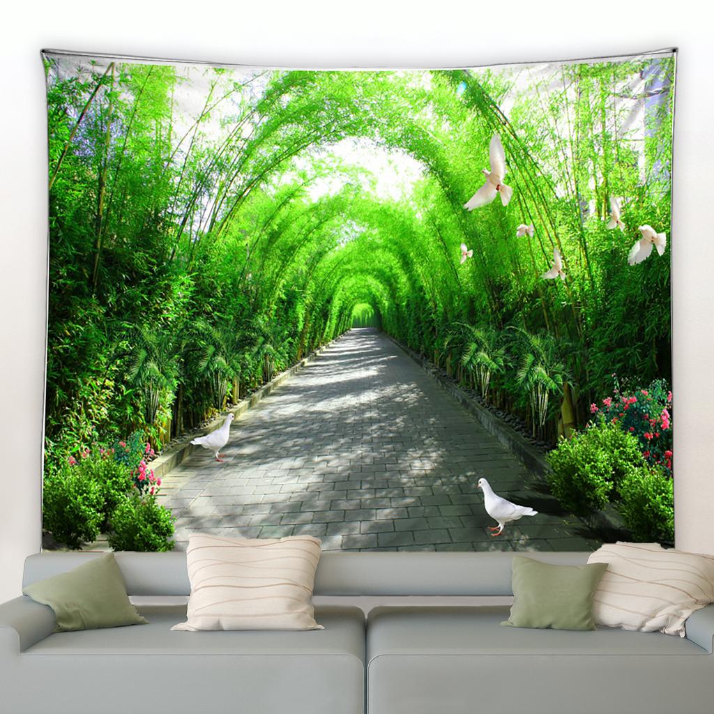 Kinesisk hagelandskap billedvev Vårgrønn bambusbuebro Naturlandskap Veggoppheng Soveromsrom Hjemdekorasjon