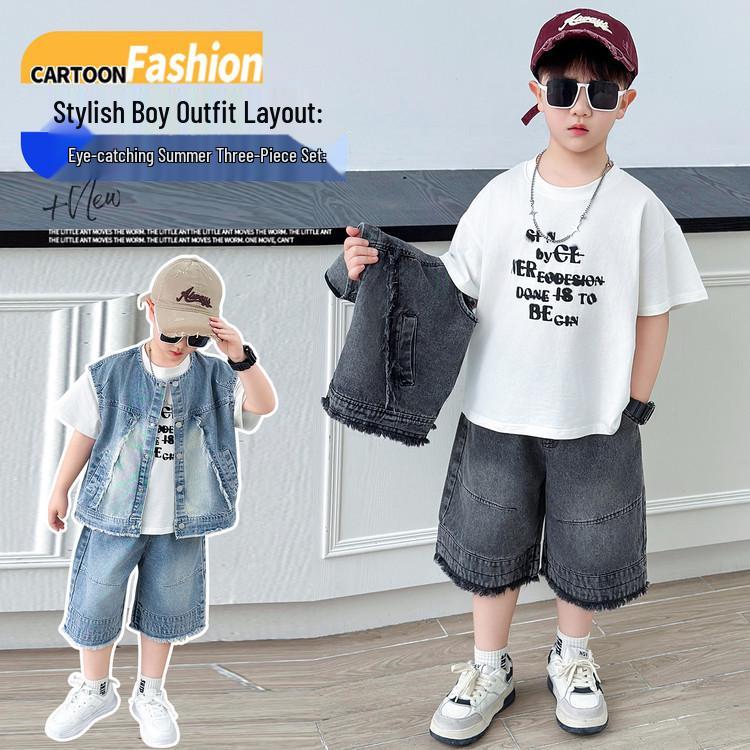 Boys' Summer Denim Vest & Printed Tee Shorts Set - Cool American Style 2026