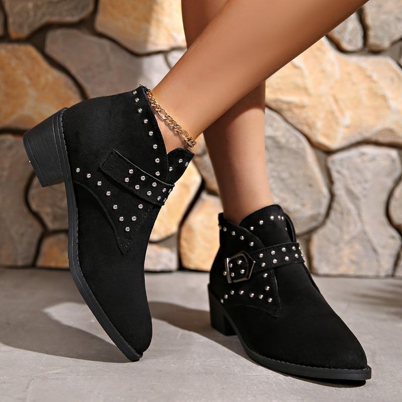 Autumn and Winter New Large Size Thick Heel Pointed Belt Buckle Rivet Short Boots Women
